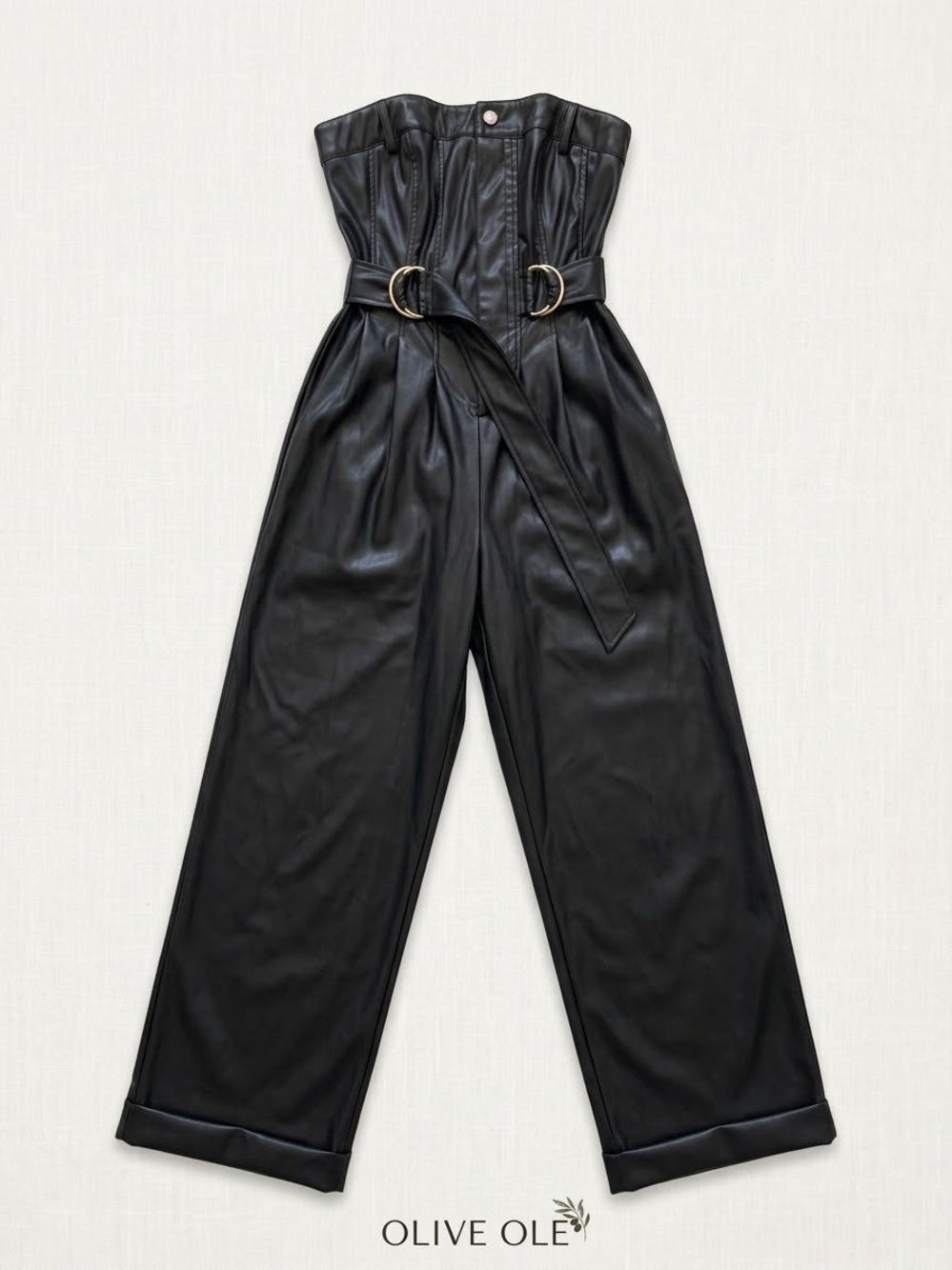 Black Faux Leather Strapless Jumpsuit with Belt